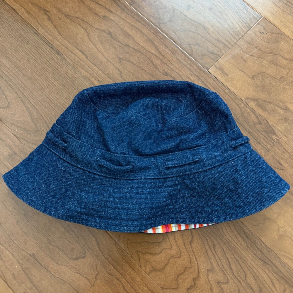Vintage Reversible Denim Bucket Hat Blue Indigo Orange Striped Cotton Sun Hat